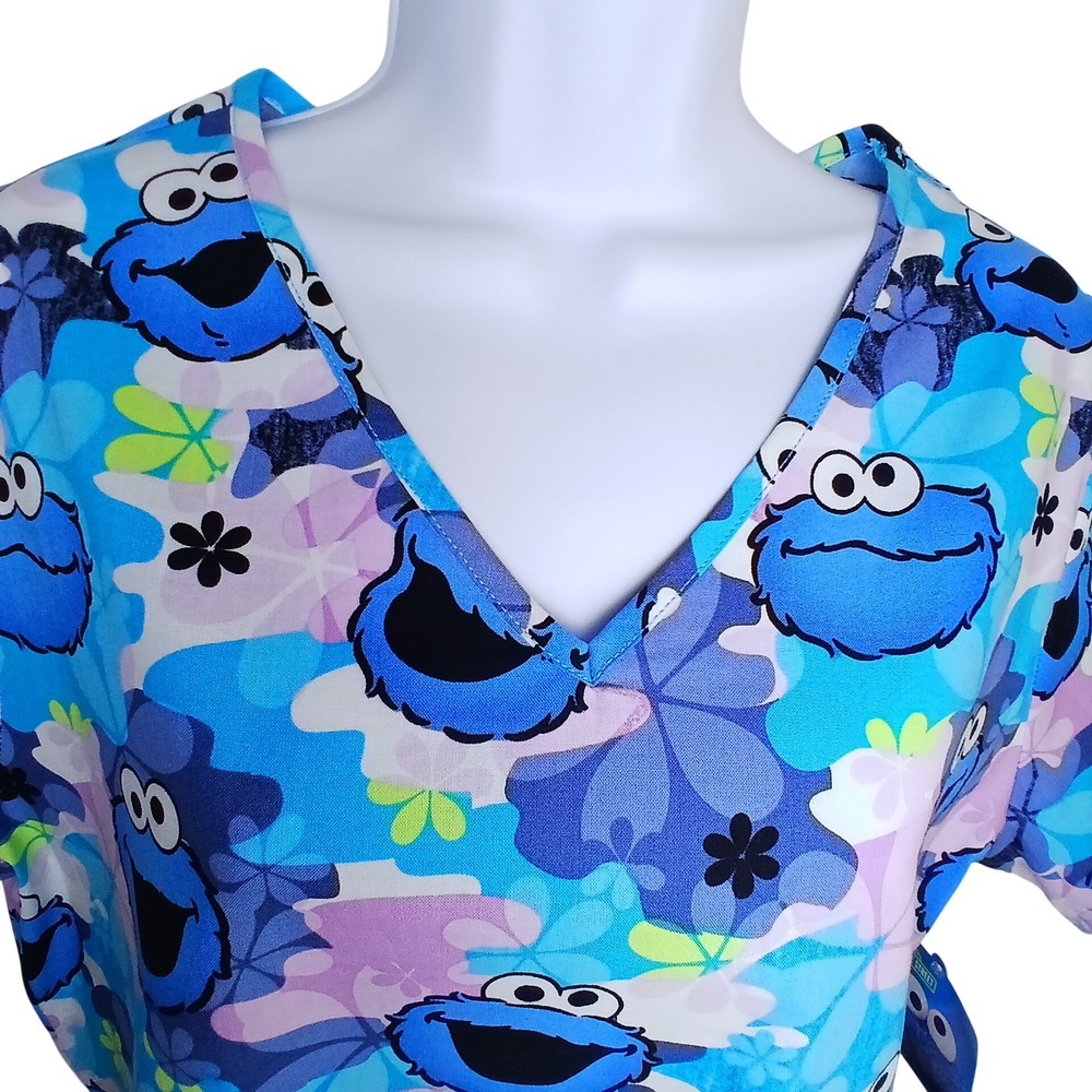 Sesame Street Cookie Monster Women S Scrub Top Cotton Floral Kidcore Y2K Medical - Picture 3 of 10